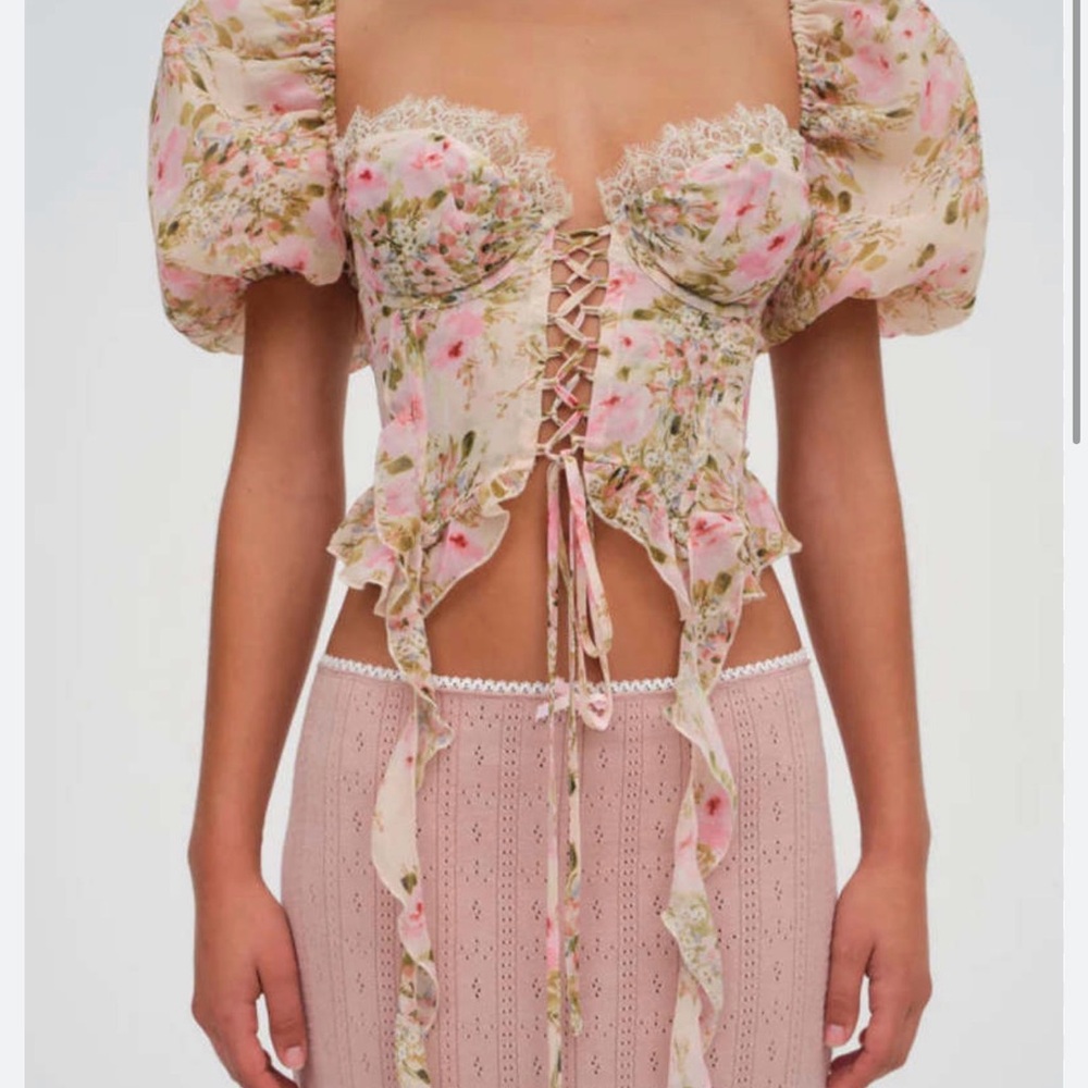 NWT For Love of Lemons Floral Lace-Up Corset Top in Pink & Cream